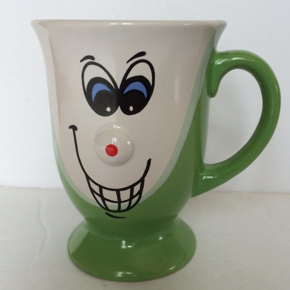 Smiling Funny Face Coffee Mug 3D Protruding Nose White Green Ceramic 8 oz - Picture 1 of 5